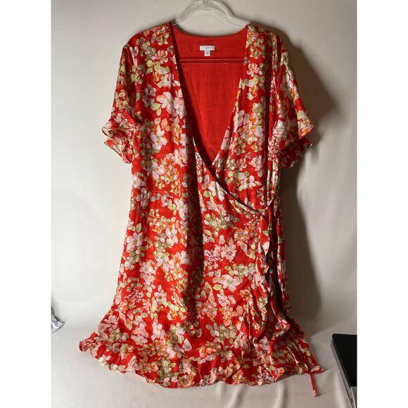 J.Jill Orange Floral Wrap Dress Short Flutter Sleeve Ruffle Hem Plus Size 2X - Picture 1 of 7